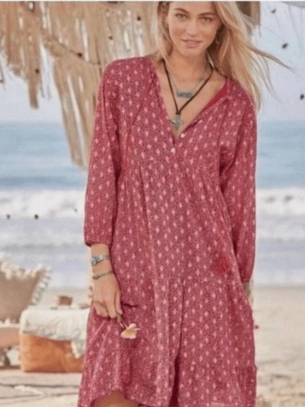 Scandal Italy Printed Boho Tassel Tiered Dress Small/Medium Pink Gold Cottage